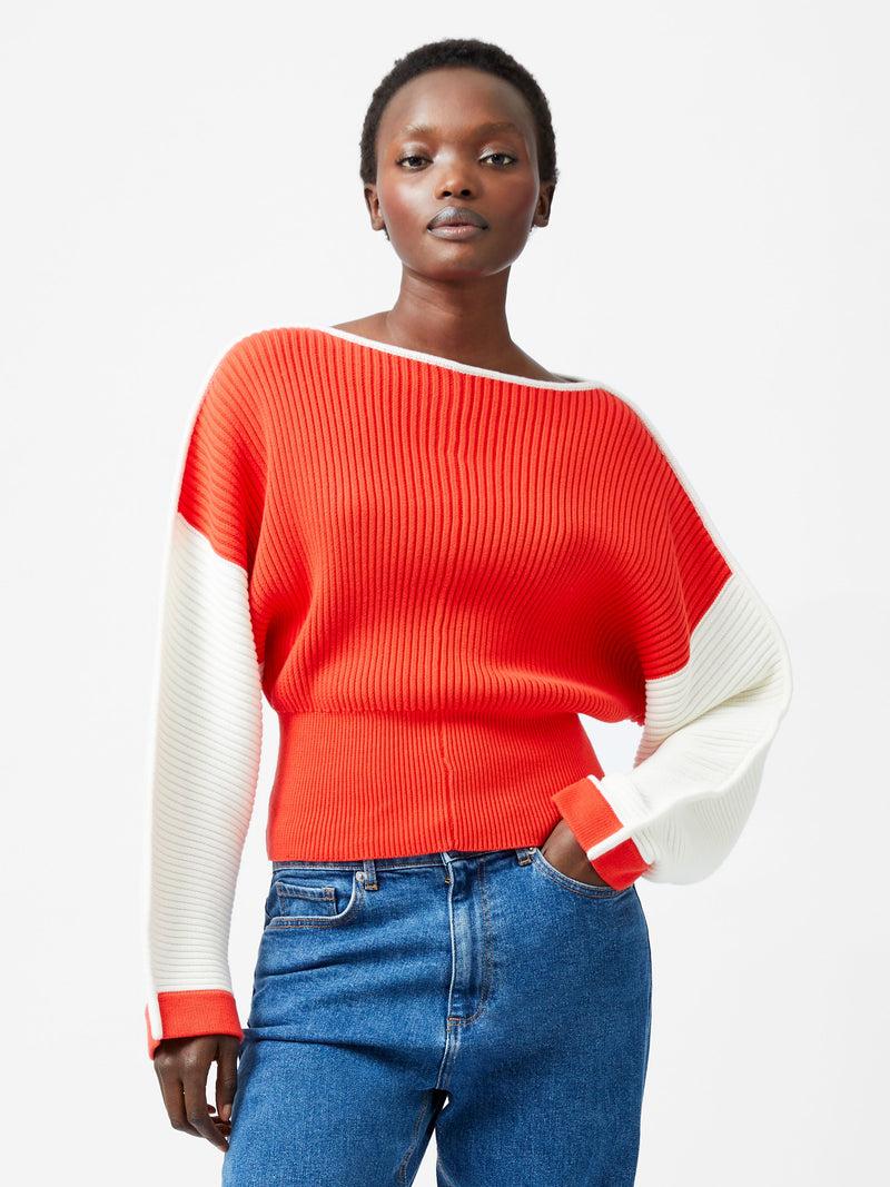 French Connection Lily Drop Shoulder Colour Block Jumper Scarlet Red/Porcelain Cream