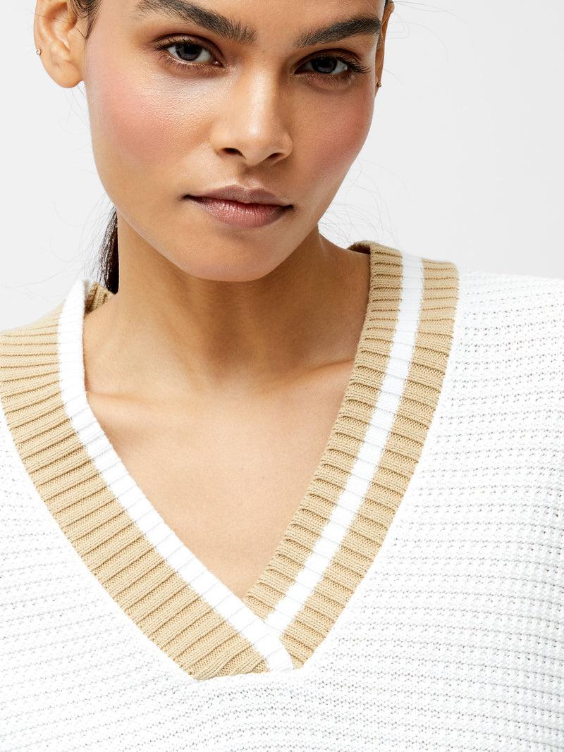French Connection Lily Long Sleeve Varsity V Neck Jumper Summer White/Sand