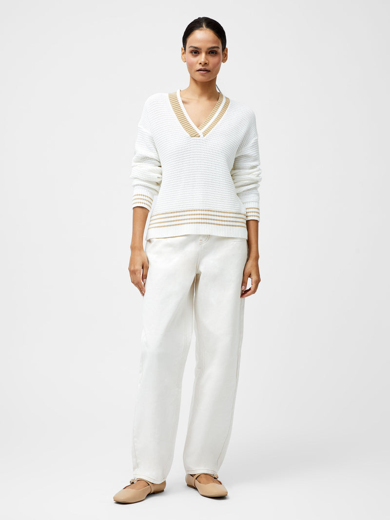 French Connection Lily Long Sleeve Varsity V Neck Jumper Summer White/Sand
