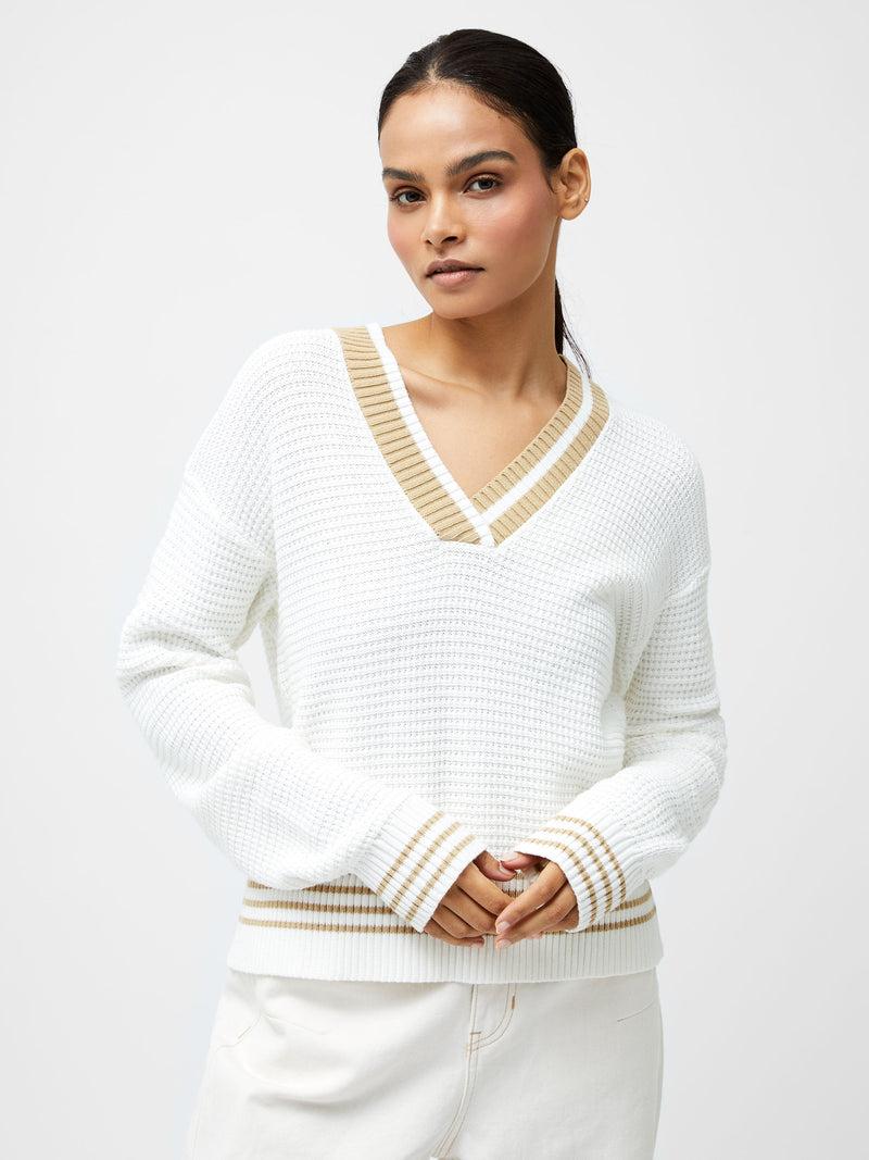 French Connection Lily Long Sleeve Varsity V Neck Jumper Summer White/Sand