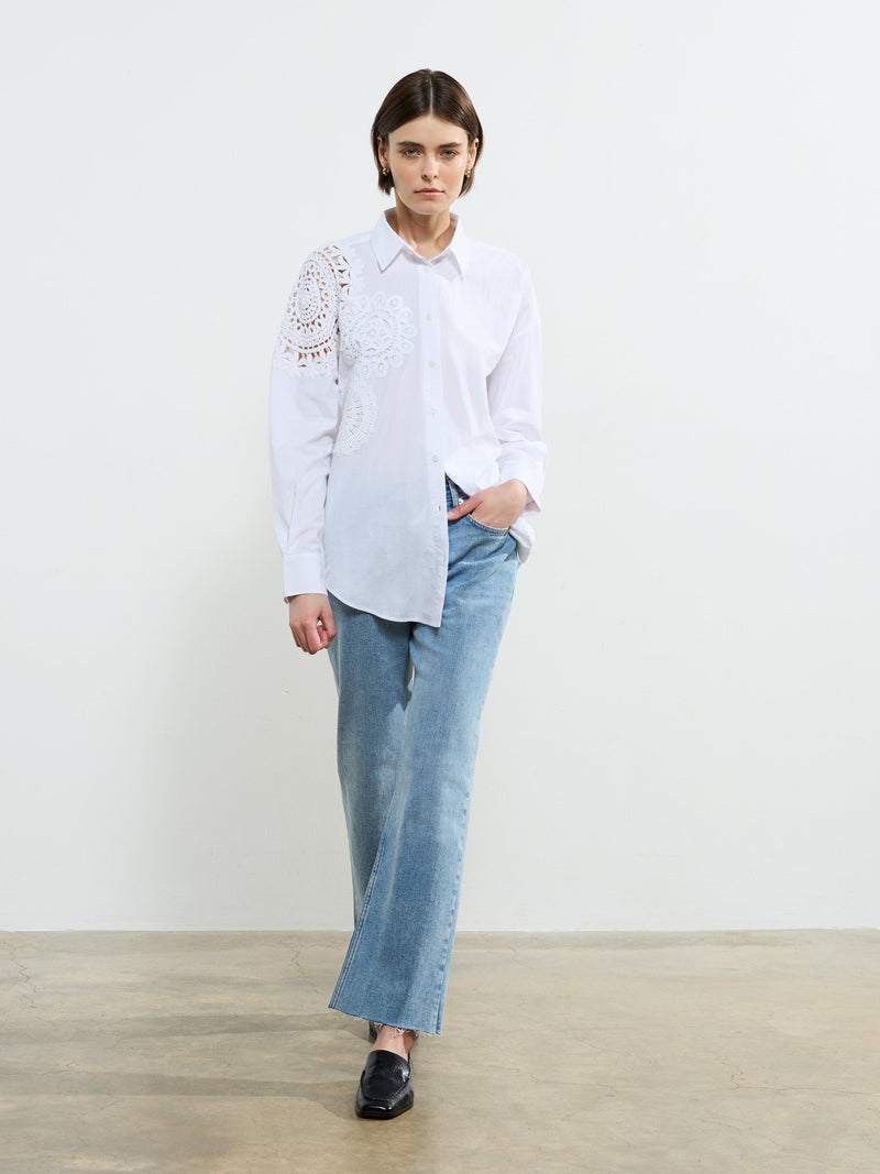french connection Lina Cotton Crochet Mix Shirt Linen White