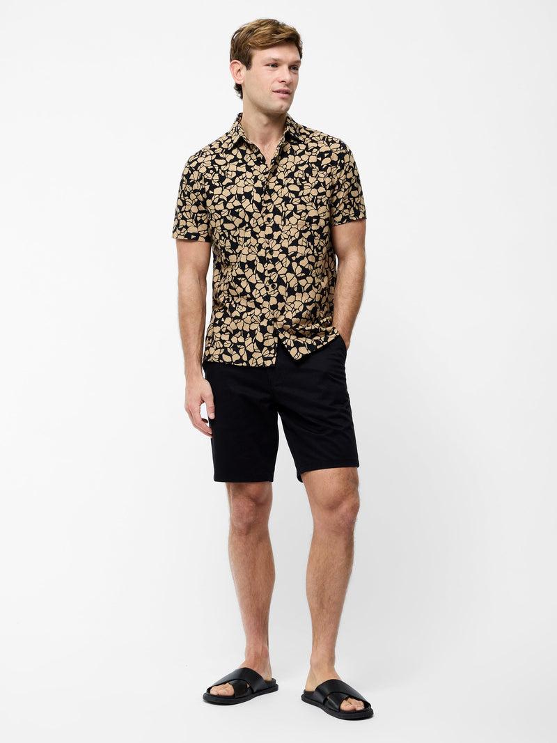 French Connection Linen Blend Printed Short Sleeve Shirt Black/Stone Print