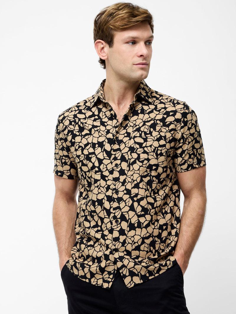 french connection Linen Blend Printed Short Sleeve Shirt Black/Stone Print