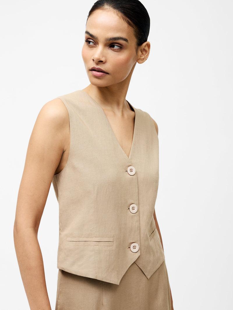 French Connection Linen Single Breasted Waistcoat Incense