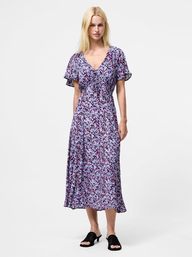 french connection Lizzy Eco Crepe V Neck Midi Dress Blue Multi
