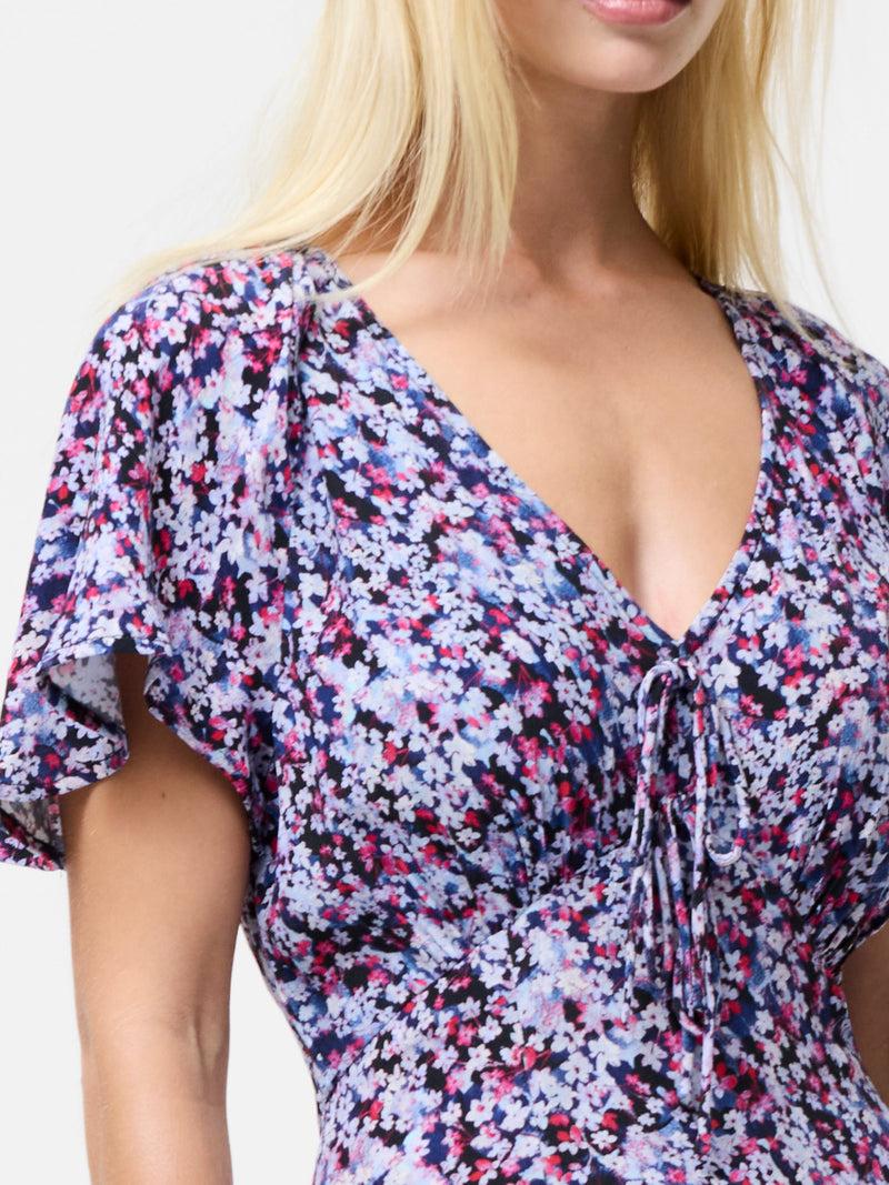 French Connection Lizzy Eco Crepe V Neck Midi Dress Blue Multi