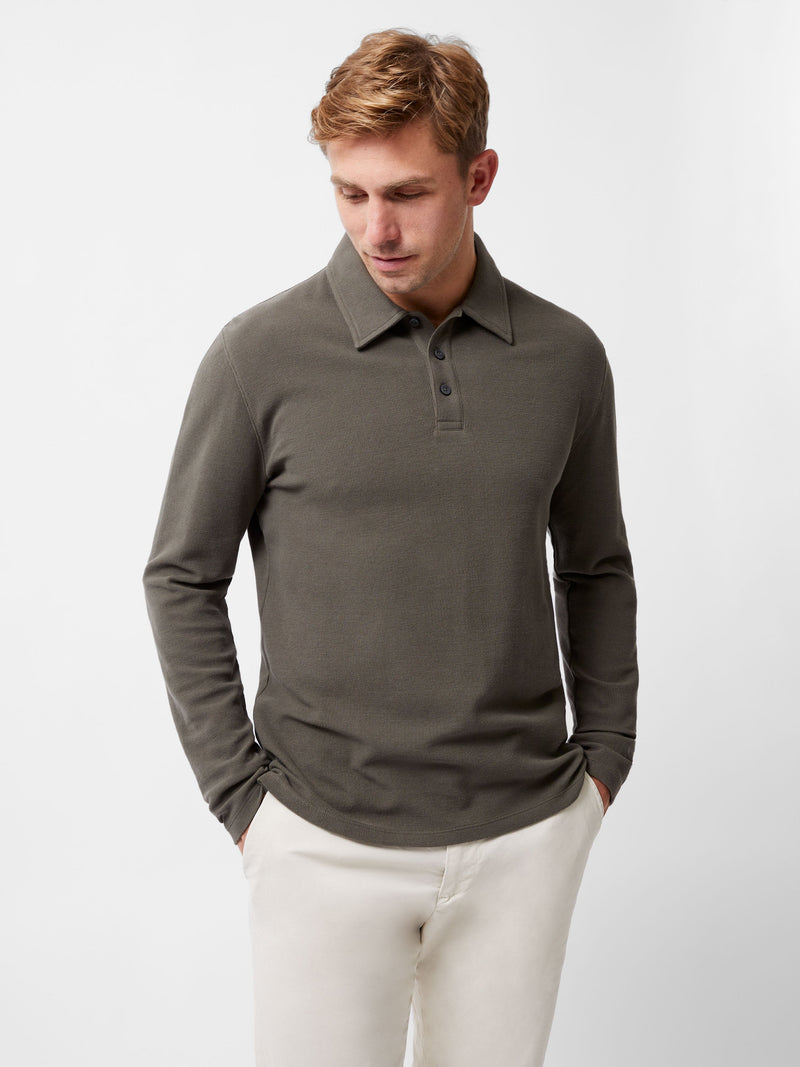 French Connection Long Sleeve Buttoned Polo Shirt Khaki