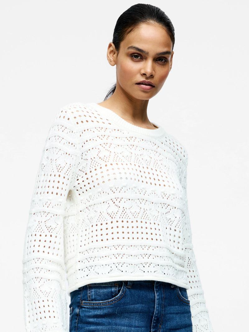 french connection Long Sleeve Crochet Bobble Knit Jumper Summer White