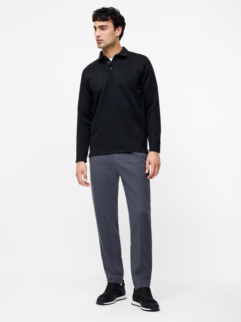 French Connection Long Sleeve Jacquard Polo Shirt Black