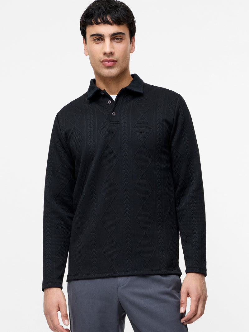 french connection Long Sleeve Jacquard Polo Shirt Black
