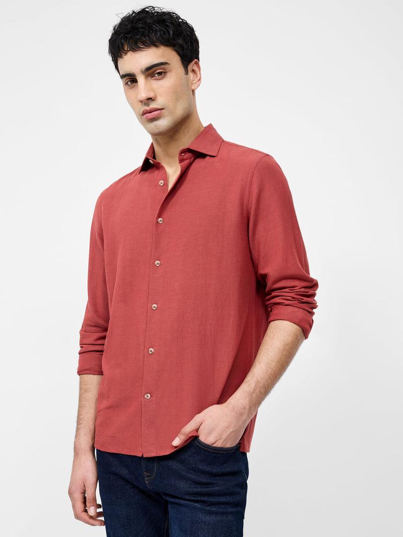 French Connection Long Sleeve Linen Blend Shirt Brick Red