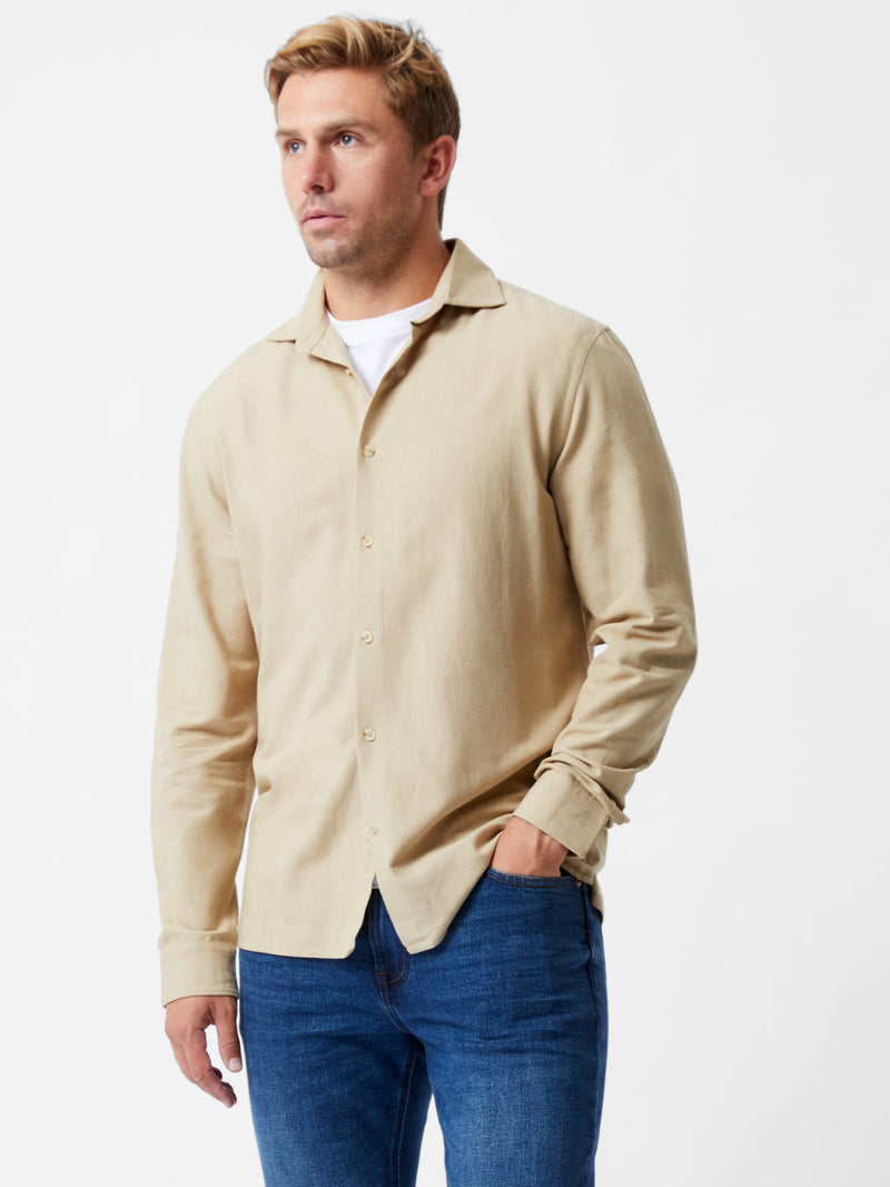 french connection Long Sleeve Linen Blend Shirt Dark Sand