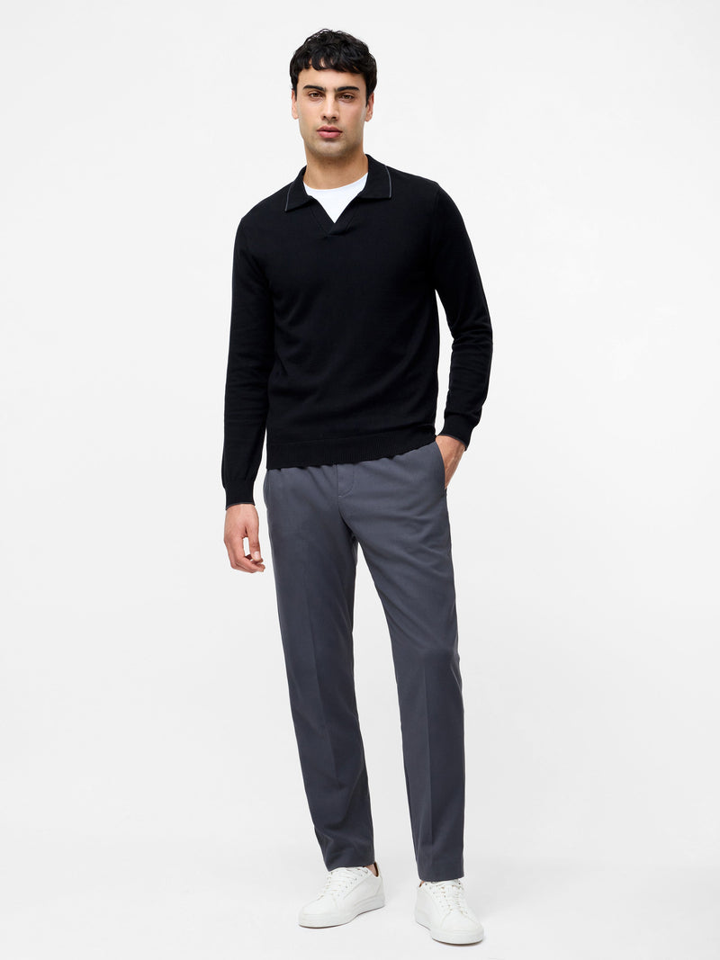 French Connection Long Sleeve Trophy Knit Polo Shirt Black/Charcoal