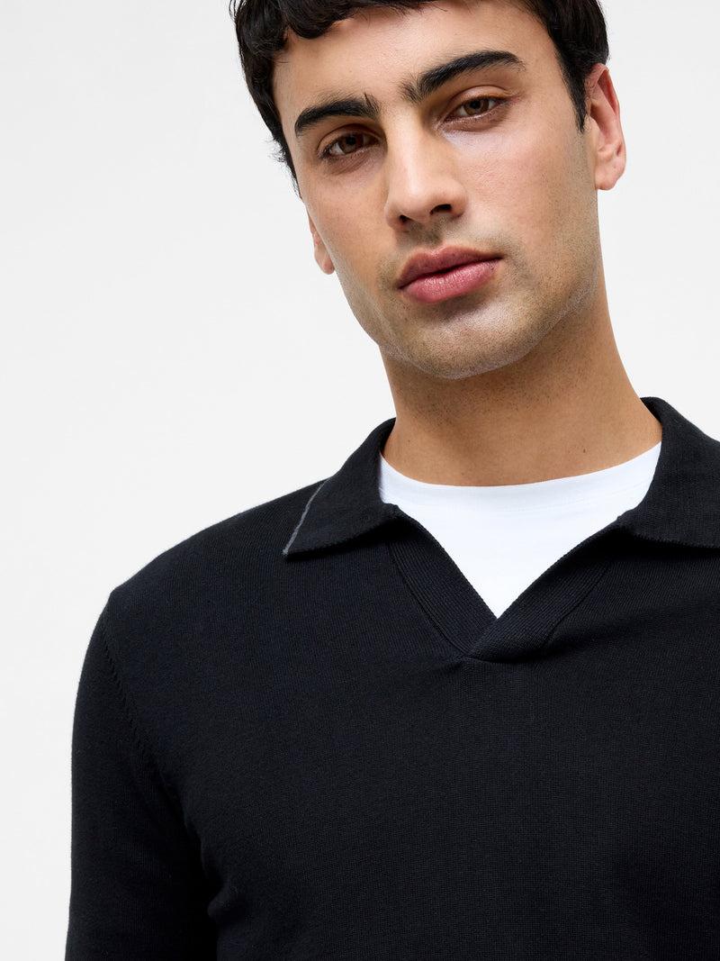 French Connection Long Sleeve Trophy Knit Polo Shirt Black/Charcoal