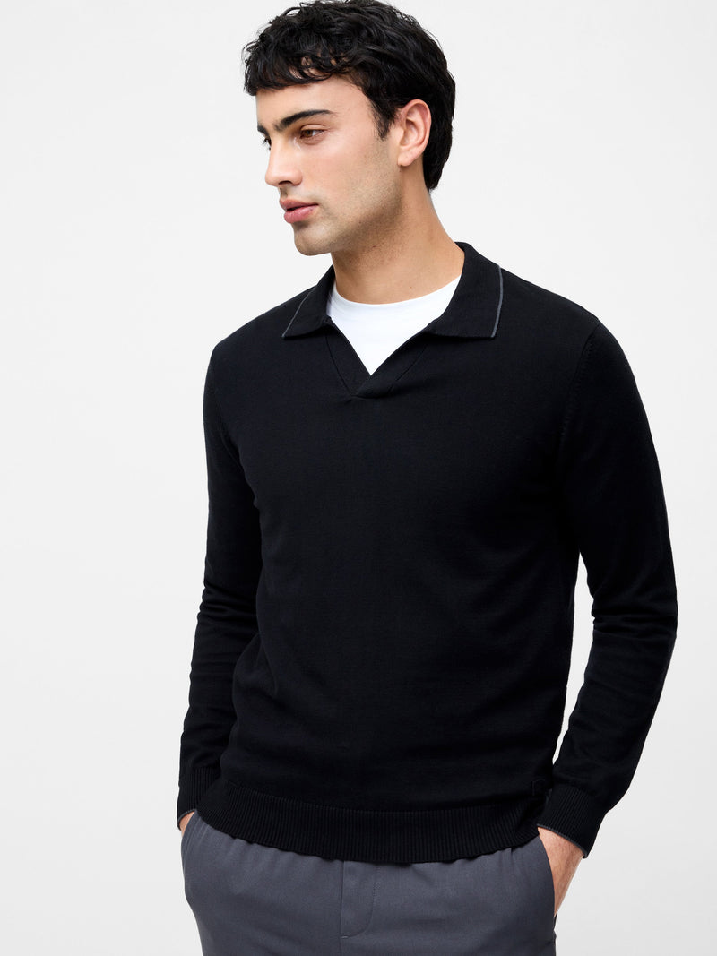 french connection Long Sleeve Trophy Knit Polo Shirt Black/Charcoal