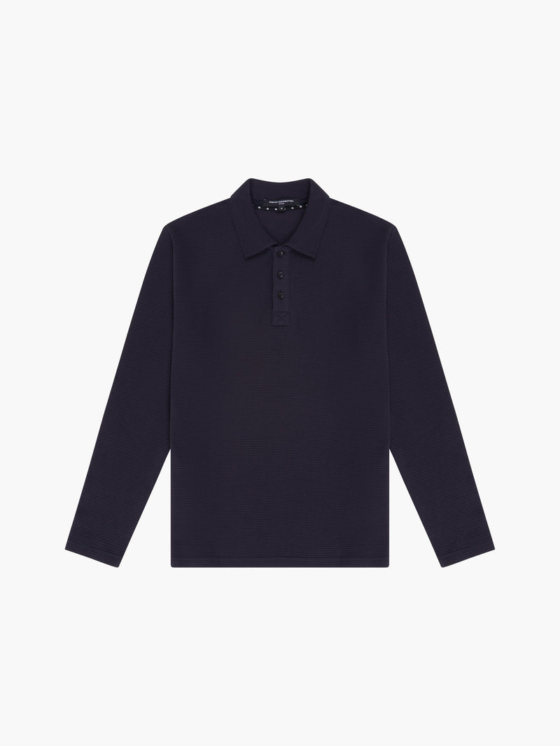 French Connection Long Sleeve Waffle Polo Shirt Marine