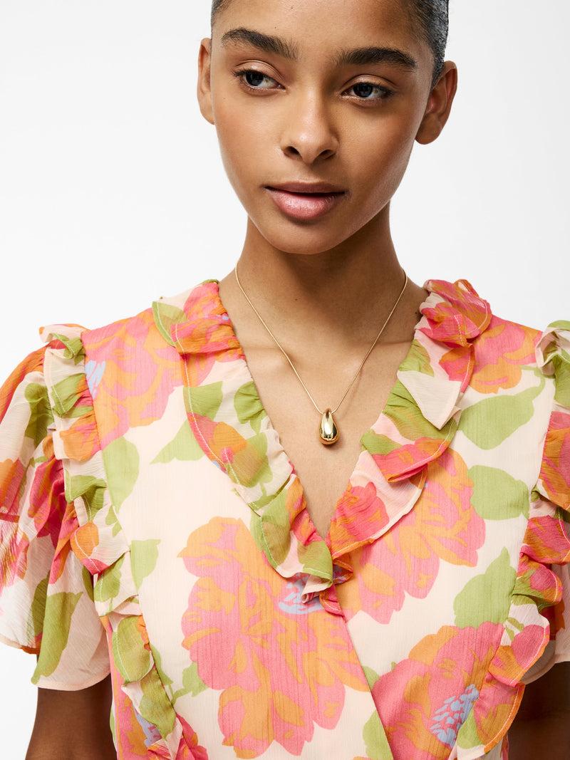 French Connection Louisa Hallie Crinkle Ruffle Blouse Orange Multi