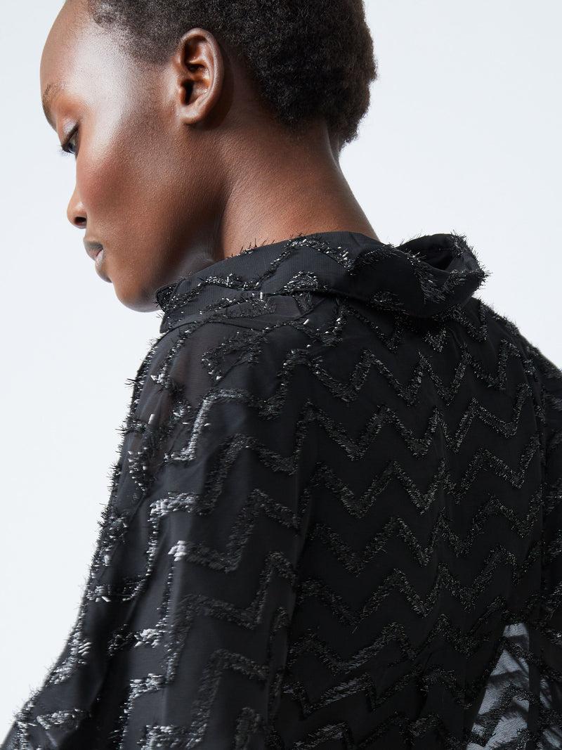 French Connection Lurex Georgette Long Sleeve Popover Shirt Blackout