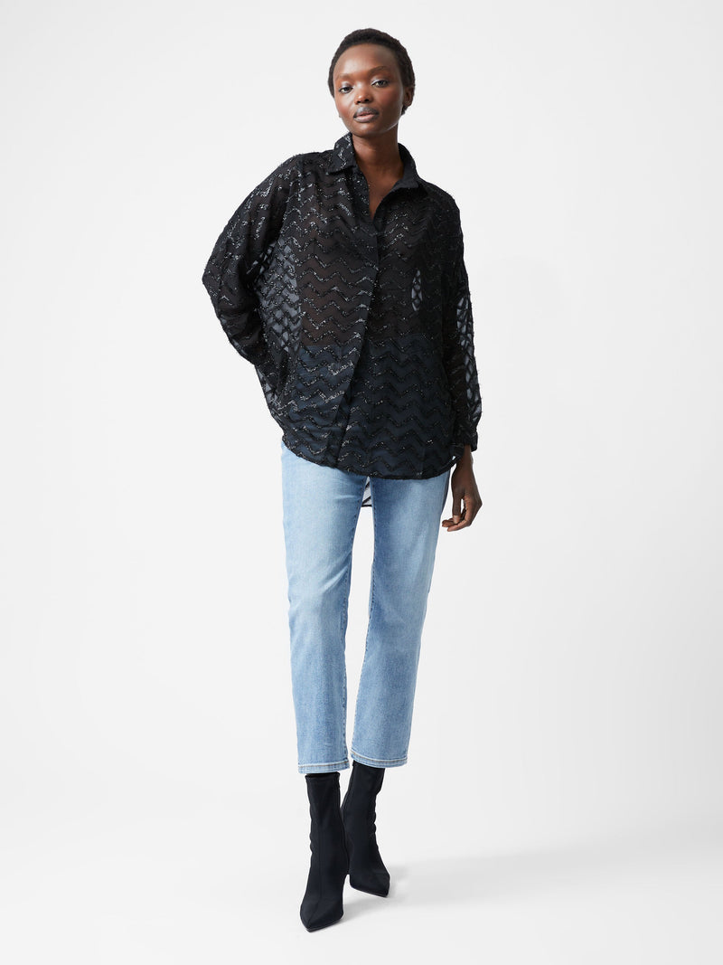 French Connection Lurex Georgette Long Sleeve Popover Shirt Blackout