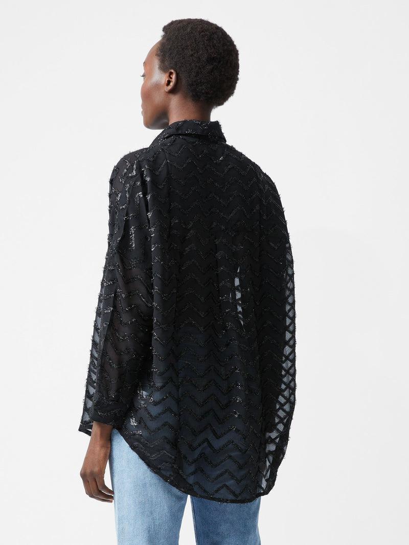 French Connection Lurex Georgette Long Sleeve Popover Shirt Blackout