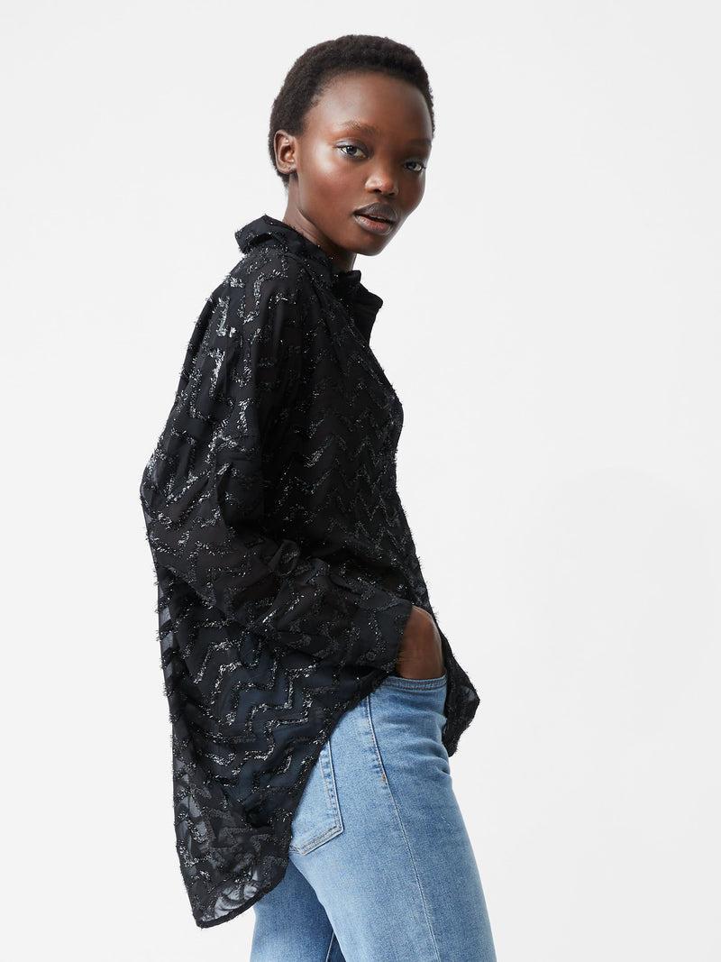 french connection Lurex Georgette Long Sleeve Popover Shirt Blackout