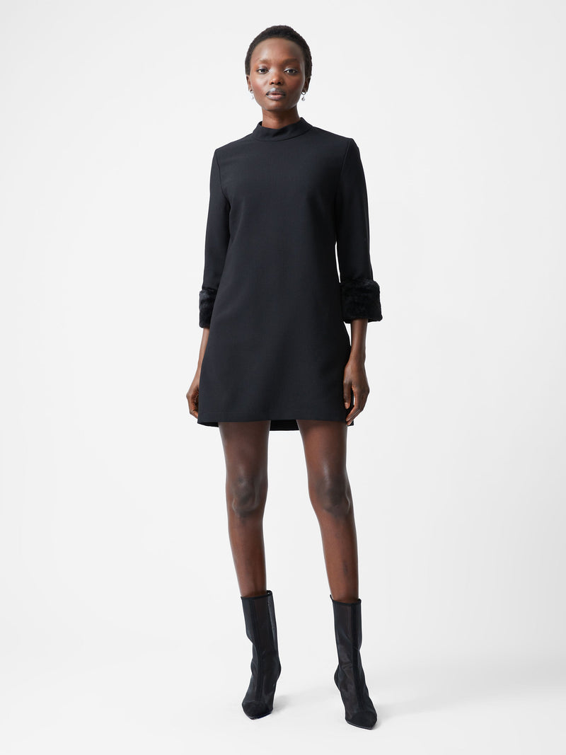 French Connection Luxe Faux Fur Three Quarter Sleeve Cuffs Mini Dress Black