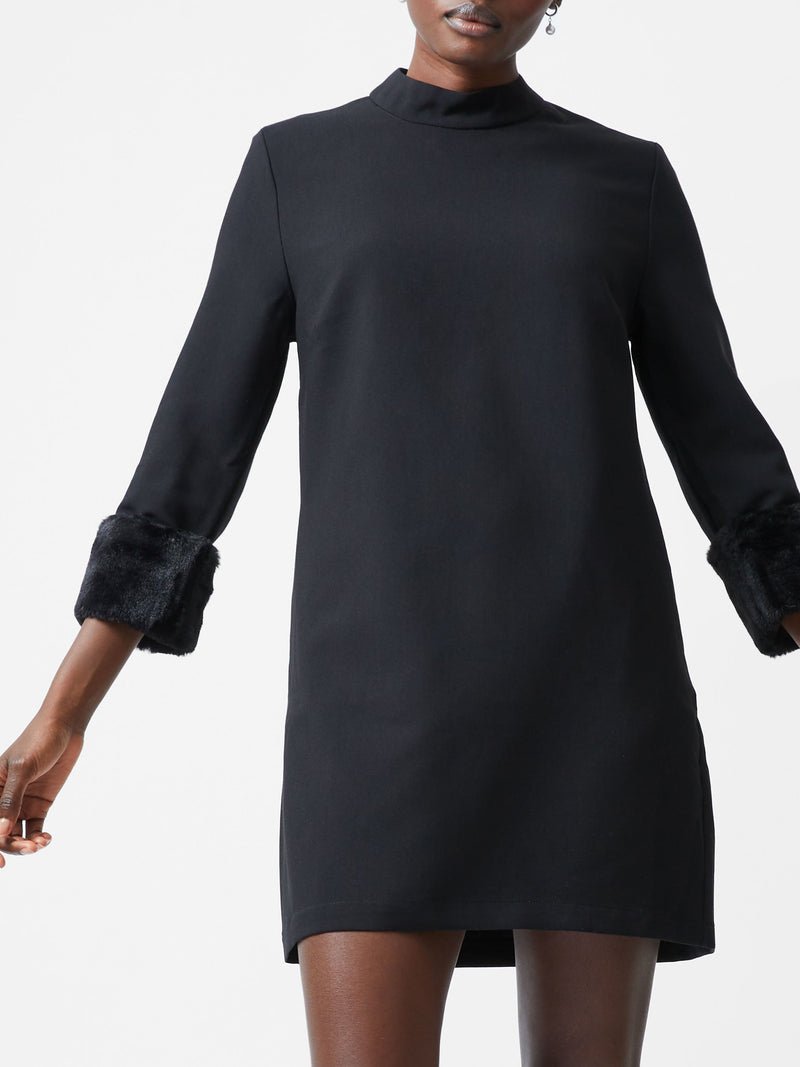 French Connection Luxe Faux Fur Three Quarter Sleeve Cuffs Mini Dress Black