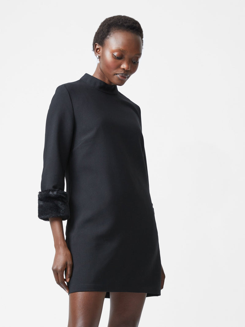french connection Luxe Faux Fur Three Quarter Sleeve Cuffs Mini Dress Black