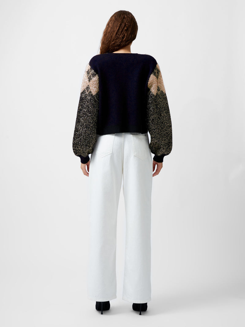 French Connection Mavis Argyle Tinsel Long Sleeve Cardigan Blackout