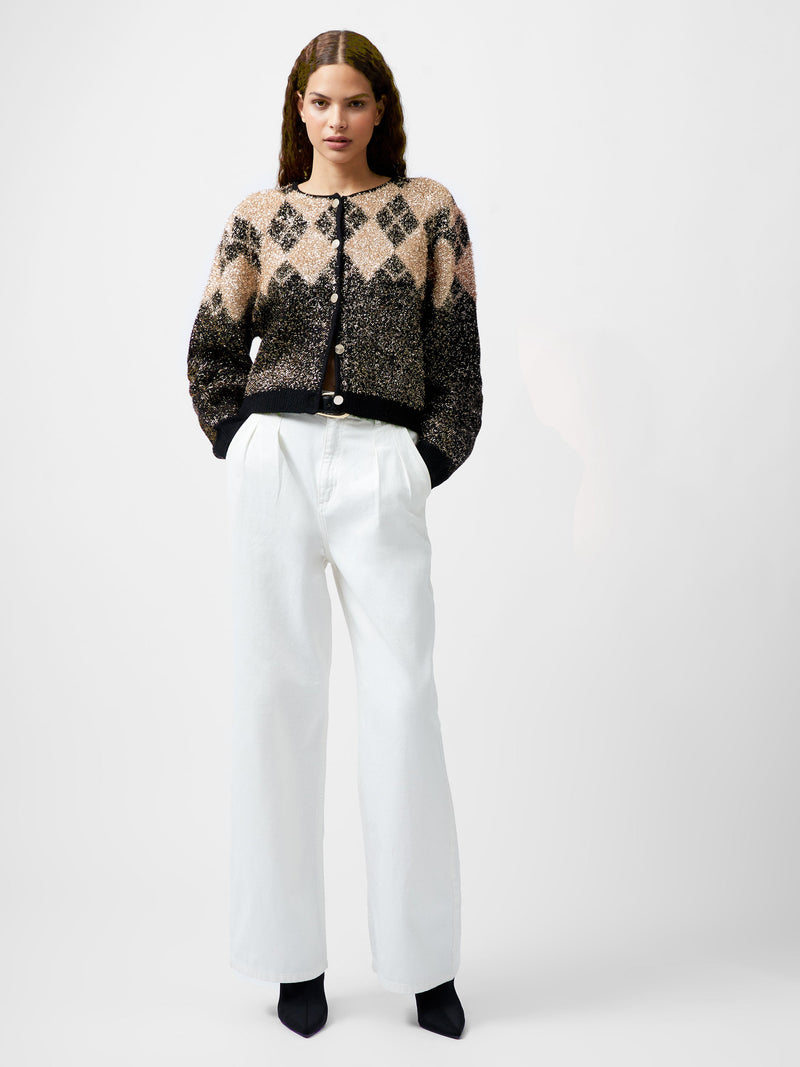 French Connection Mavis Argyle Tinsel Long Sleeve Cardigan Blackout