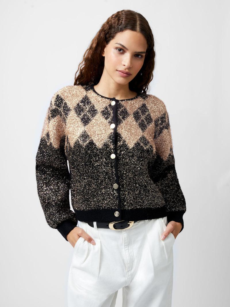 french connection Mavis Argyle Tinsel Long Sleeve Cardigan Blackout