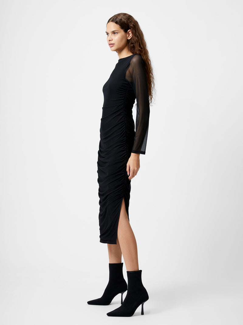 French Connection Mesh Ruched Long Sleeve Midi Dress Black