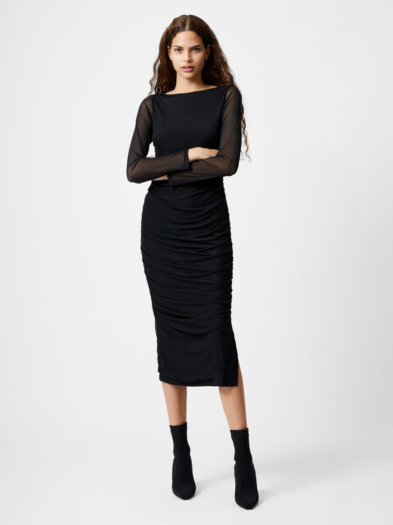 french connection Mesh Ruched Long Sleeve Midi Dress Black