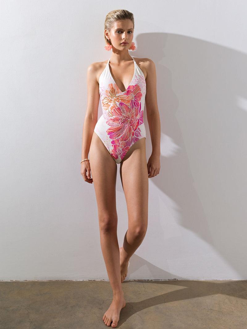 French Connection Miami Placement Plunge Swimsuit White/Pink