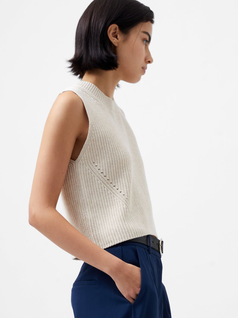 French Connection Mozart Knit Crew Neck Sleeveless Vest Light Oatmeal Mel