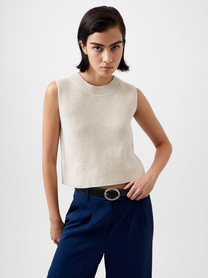 French Connection Mozart Knit Crew Neck Sleeveless Vest Light Oatmeal Mel