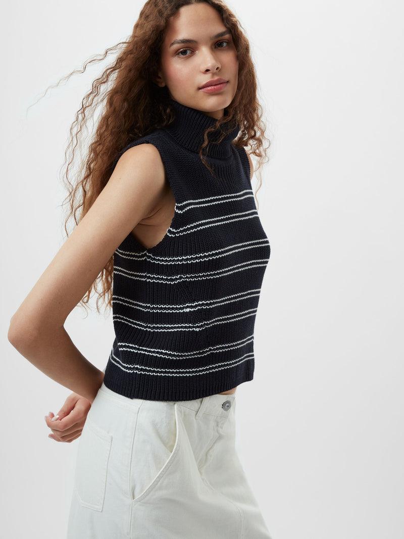 French Connection Mozart Striped Cropped Sleeveless Jumper Midnight/Winter Wht