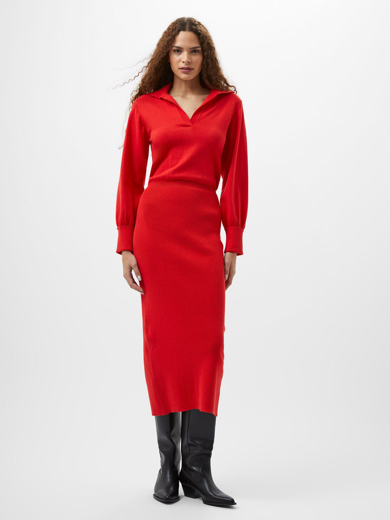 French Connection Mozza Collared Knit Midi Dress Scarlet Red