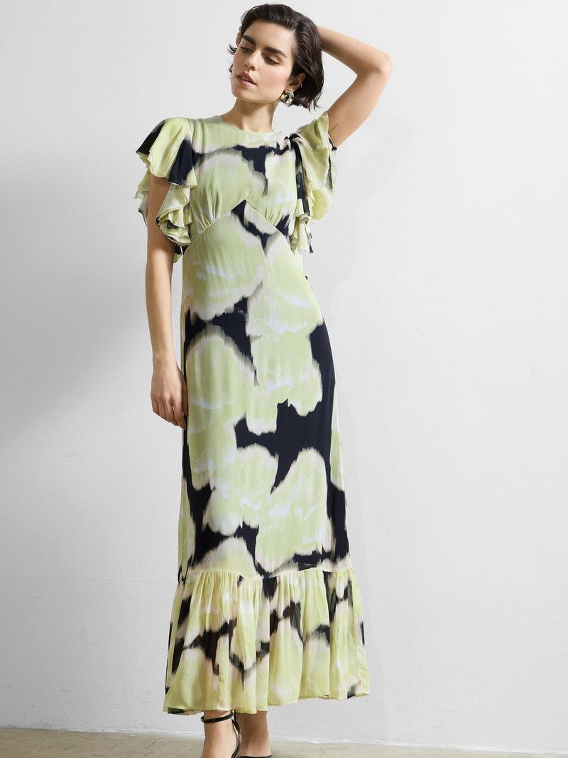 French Connection Natalie Emina Chiffon Maxi Dress Light Lime Green Multi