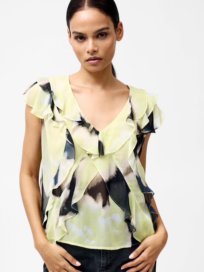French Connection Natalie Eminia Chiffon Ruffle Top Light Lime Green Multi