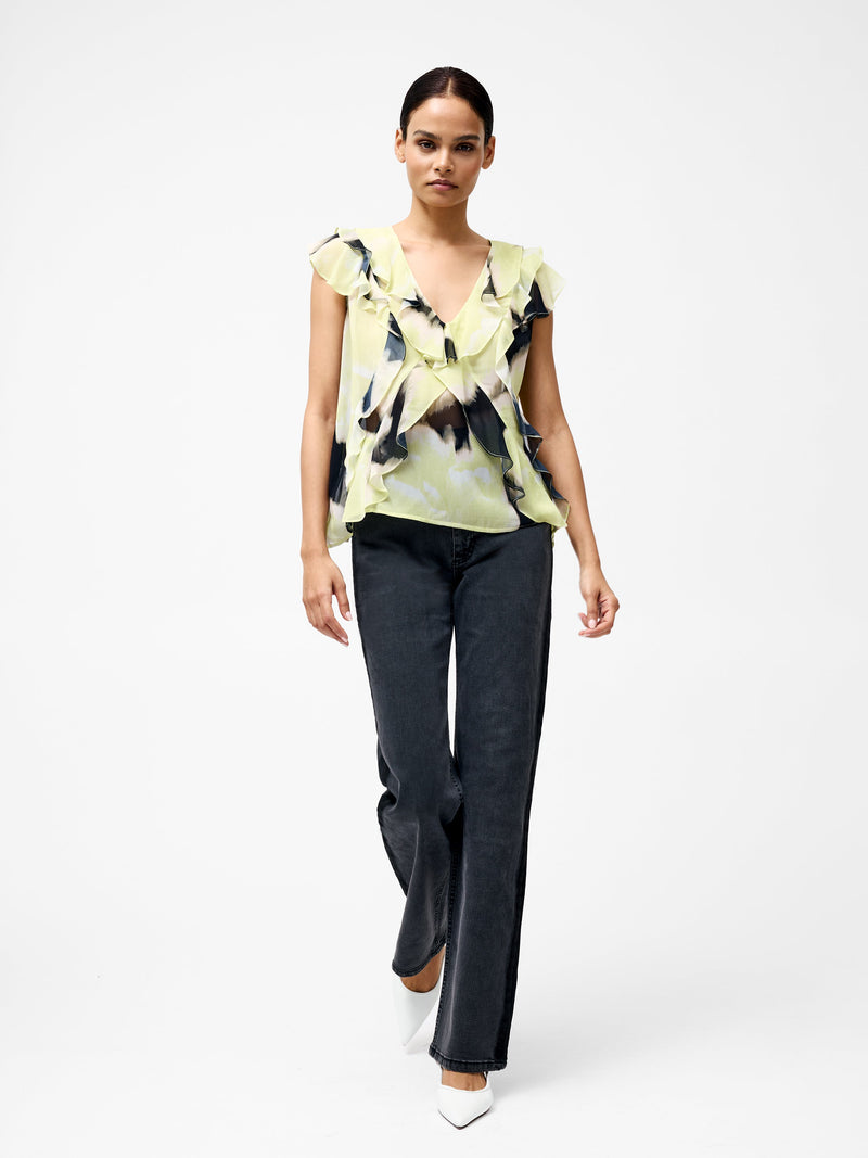 French Connection Natalie Eminia Chiffon Ruffle Top Light Lime Green Multi