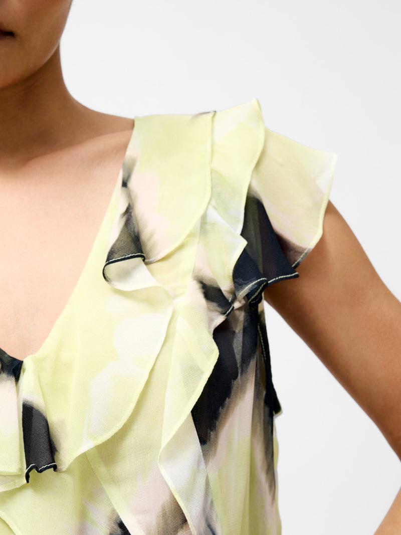French Connection Natalie Eminia Chiffon Ruffle Top Light Lime Green Multi