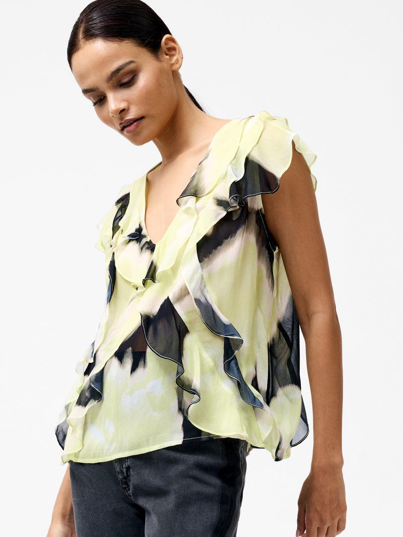 french connection Natalie Eminia Chiffon Ruffle Top Light Lime Green Multi