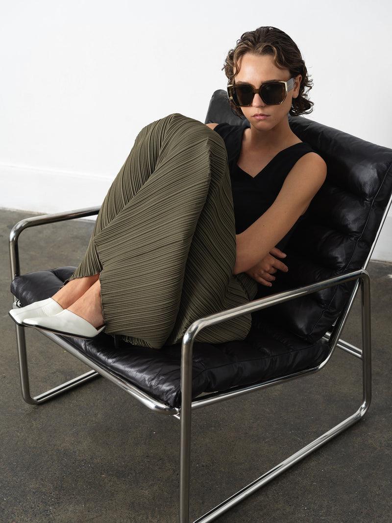 French Connection Niri Plisse Column Maxi Skirt Khaki Green