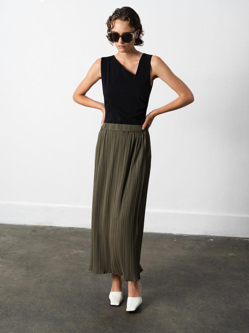 French Connection Niri Plisse Column Maxi Skirt Khaki Green