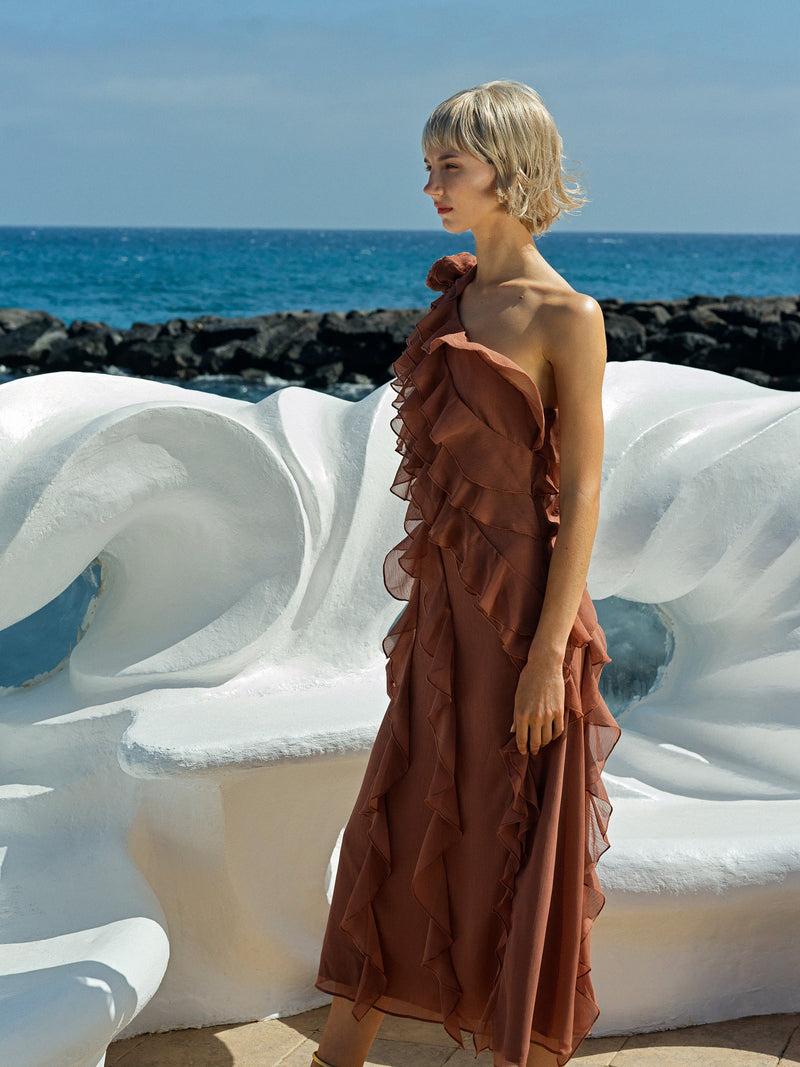 French Connection Oskar Georgette Ruffle Midi Dress Mocha