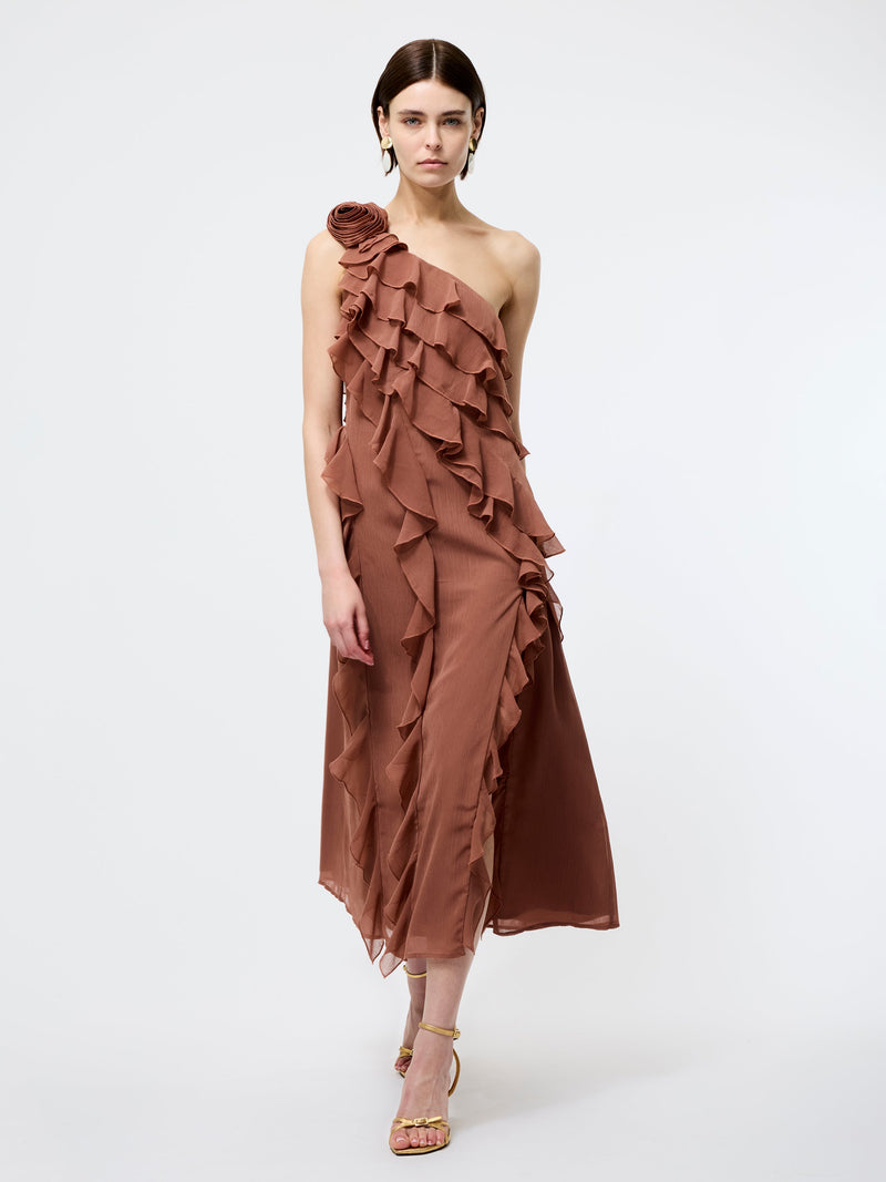 French Connection Oskar Georgette Ruffle Midi Dress Mocha