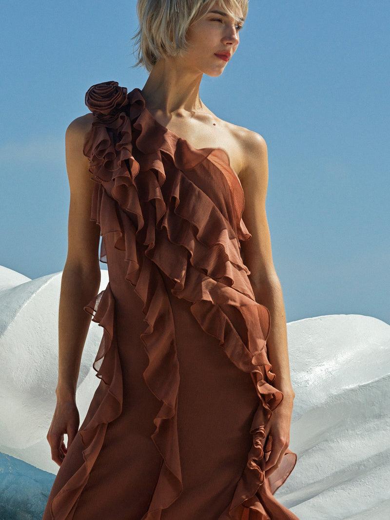 french connection Oskar Georgette Ruffle Midi Dress Mocha