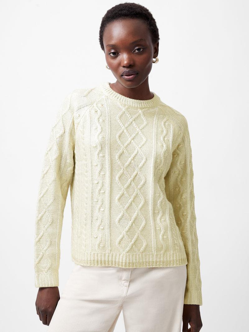 french connection Otilia Gold Foil Cable Knit Jumper Gold/Winter White