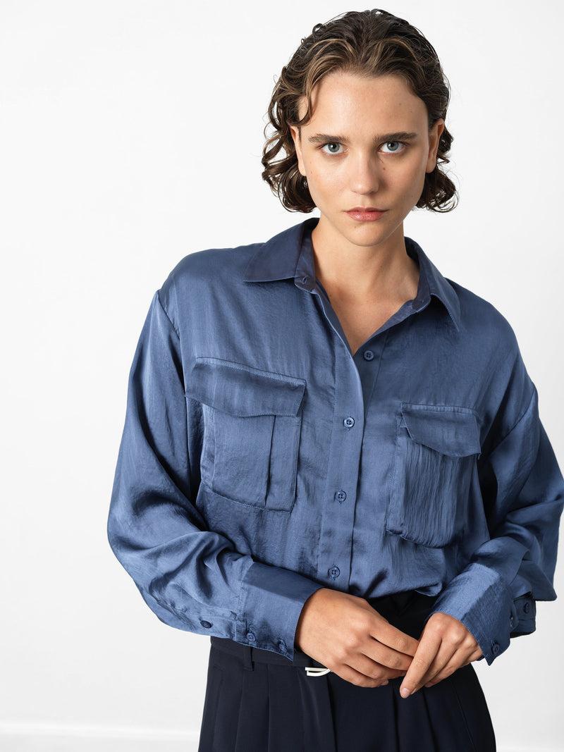 French Connection Paloma Satin Long Sleeve Shirt Slate Blue